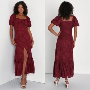 Lulus Everlasting Charm Burgundy Floral Jacquard Midi Dress M Wedding Party Prom
